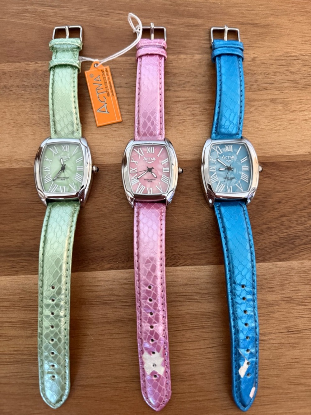 Vintage Ativa Pastel Trio Leather Strap Watches - Green, Pink & Blue